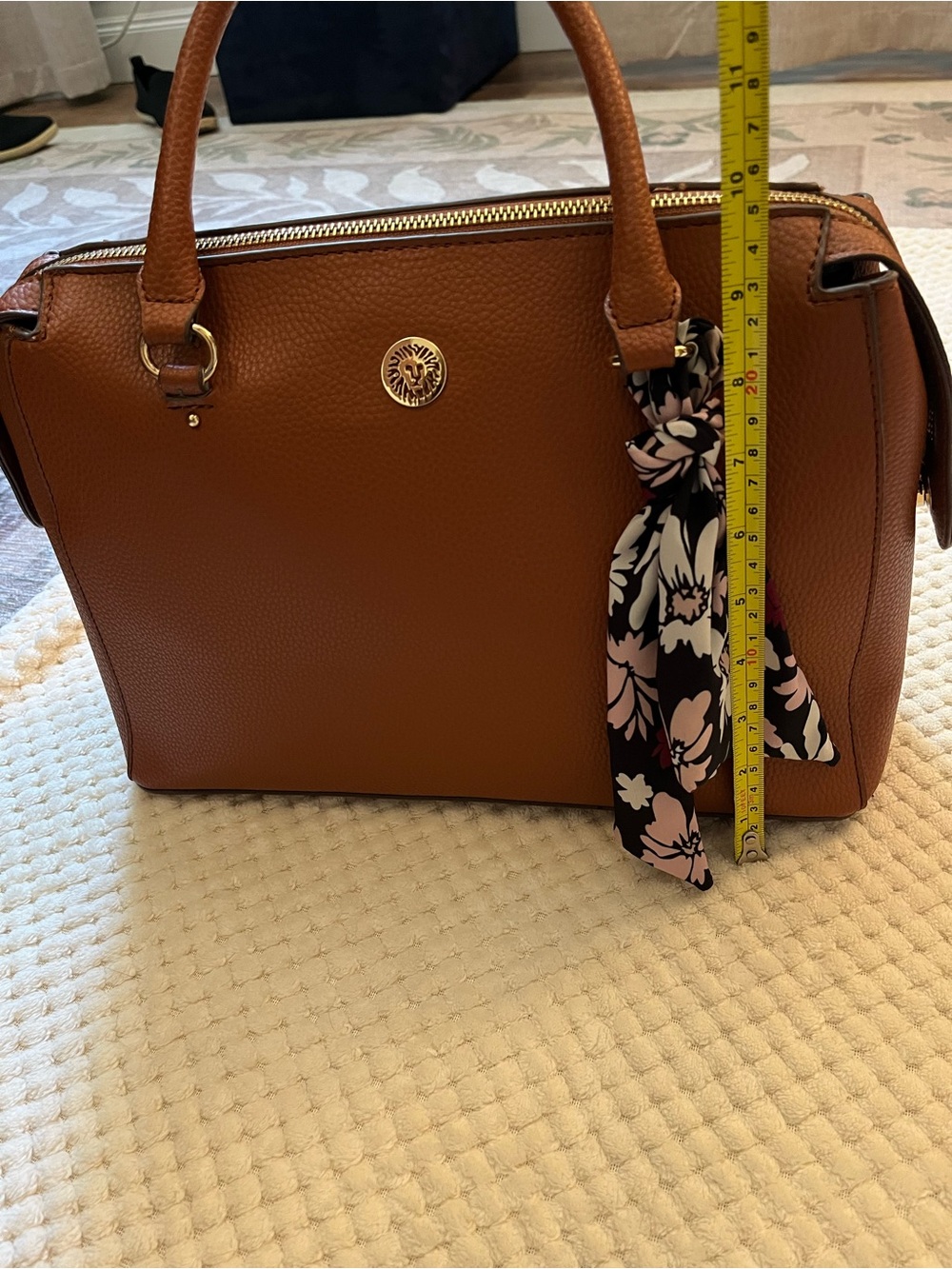 Anne Klein Cognac Pebbled Leather Purse with Floral Scarf and Cross Body Strap - Picture 6 of 7